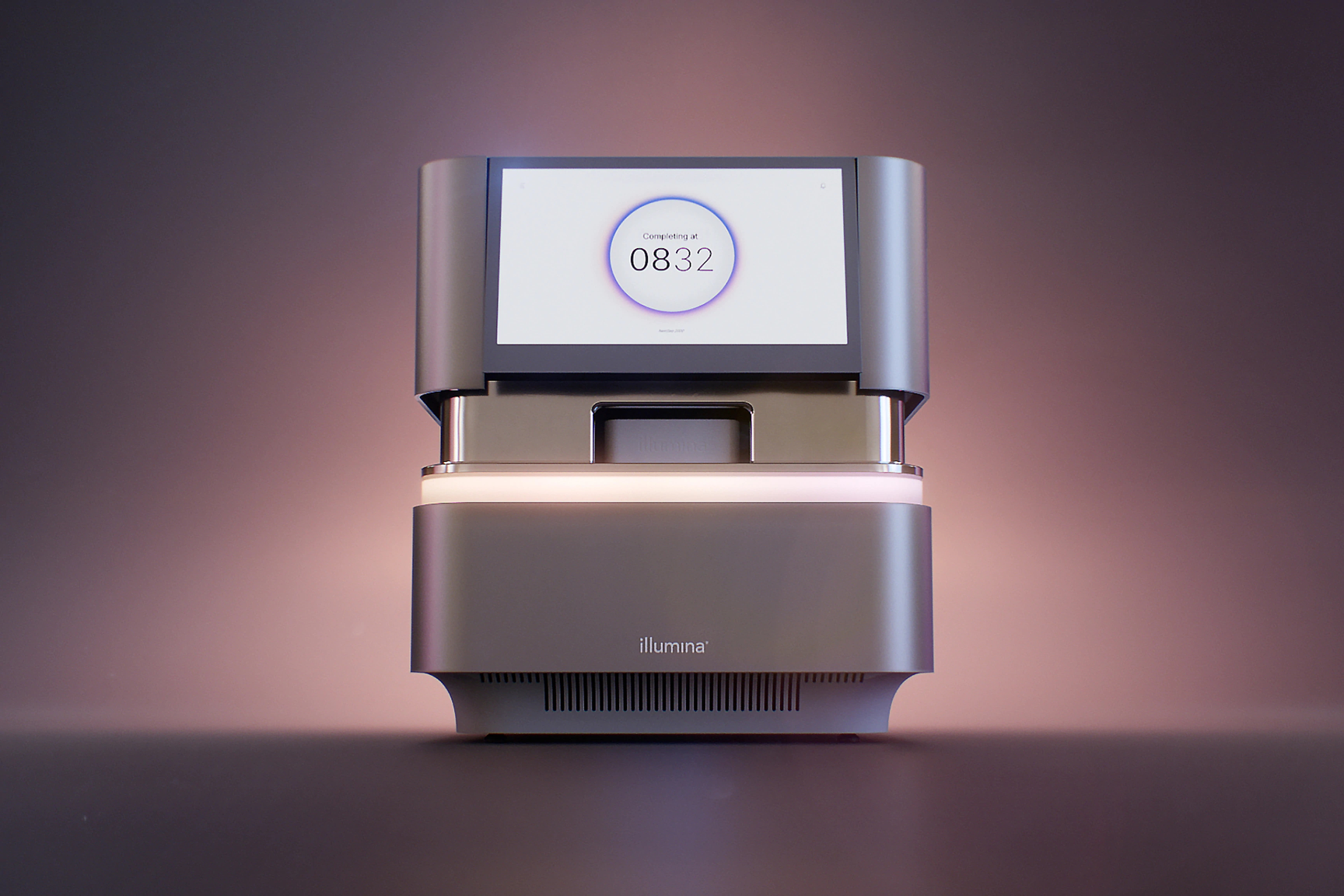 A NextSeq 2000 genomic sequencing instrument displayed against a purple gradient background